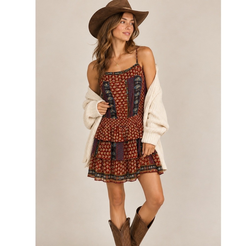 Mustard Seed Mini Dress Womens S Red Floral Paisley Smocked Tiered Boho Western